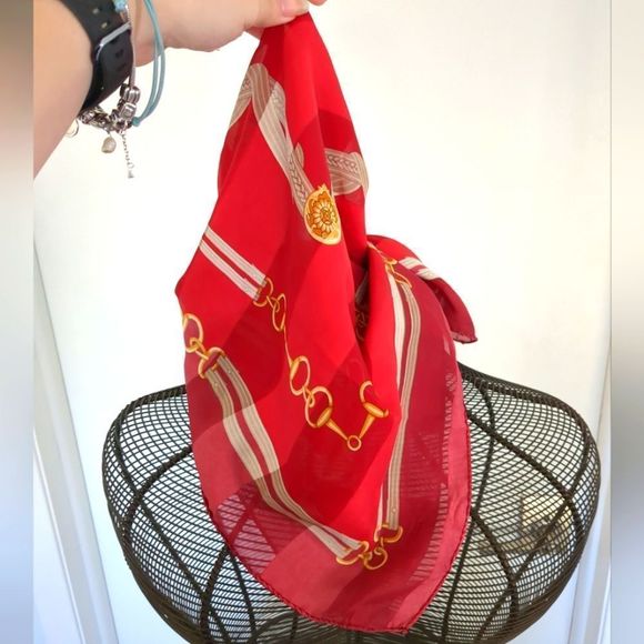 Red White and Gold Chain Print Square Scarf Wrap - Picture 2 of 5